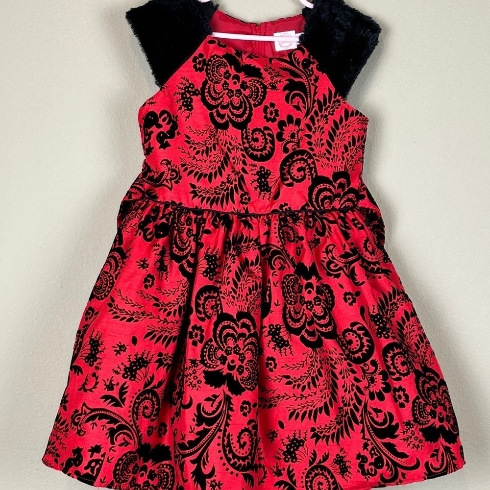 Wonder Nation Red/Black Youth Floral Christmas Dress Fur Cap Sleeves; Size Y6